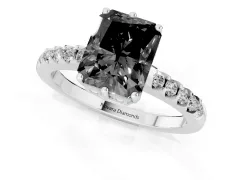 Fancy Black Radiant Cut Diamond Solitaire Engagement Ring Set in White gold with Pavé Band and Prong Setting