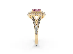 Fancy Pink Asscher Cut Diamond Double Halo Ring Set in Yellow gold with Pavé Split Shank and Prong Setting