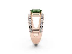 Fancy Green Emerald Cut Diamond Split Shank Pavé Solitaire Ring Set in Rose gold with Open Shank Design