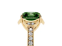 Fancy Green Asscher Cut Diamond Halo Ring Set in Yellow gold with Channel Set Band and Prong Setting