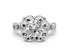 Cushion Cut Diamond Floral Halo Ring Set in White gold with Shared Prong Band