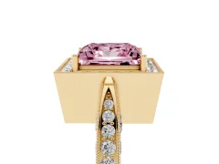 Fancy Pink Princess Cut Diamond Halo Engagement Ring Set in Yellow gold with Accent Split Shank Band