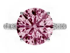 Fancy Pink Round Cut Diamond Solitaire Engagement Ring Set in White gold with Round Pavé Band and Prong Setting