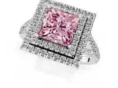 Fancy Pink Princess Cut Diamond Double Halo Ring Set in White gold with Pavé Band