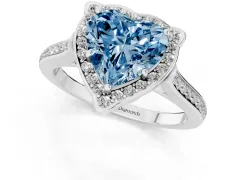 Fancy Blue Heart Cut Diamond Halo Ring Set in White gold with Pavé-Lined Shoulders and Prong Setting