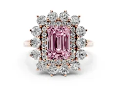Fancy Pink Emerald Cut Diamond Floral Double Halo Ring Set in Rose gold with Round Petals