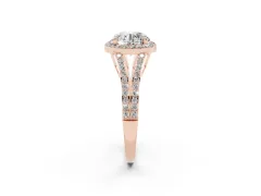 Round Cut Diamond Halo Split Shank Ring Set in Rose gold with Accent Stones and Prong Setting