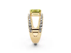 Fancy Yellow Emerald Cut Diamond Split Shank Pavé Solitaire Ring Set in Yellow gold with Open Shank Design