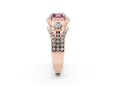 Fancy Pink Asscher Cut Diamond Halo Split Shank Ring Set in Rose gold with Round Accent Stones and Prong Setting