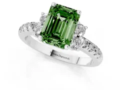 Fancy Green Emerald Cut Diamond Three-Stone Pavé Ring Set in Silver with Prong Setting