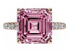 Fancy Pink Asscher Cut Diamond Solitaire Ring Set in Rose gold with Brilliant Pavé Band and Prong Setting