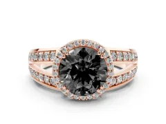 Fancy Black Round Cut Diamond Halo Ring Set in Rose gold with Double Pavé Split Shank