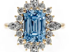 Fancy Blue Emerald Cut Diamond Cluster Halo Ring Set in Yellow gold with Marquise and Round Accents