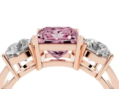 Fancy Pink Princess Cut Diamond Three-Stone Ring Set in Rose gold with Round Side Stones and Classic Band
