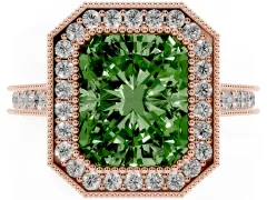 Fancy Green Radiant Cut Diamond Halo Milgrain Pavé Band Ring Set in Rose gold with Prong Setting