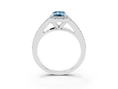 Fancy Blue Emerald Cut Diamond Halo Split Shank Pavé Ring Set in Platinum with Prong Setting