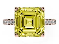 Fancy Yellow Asscher Cut Diamond Solitaire Ring Set in Rose gold with Brilliant Pavé Band and Prong Setting