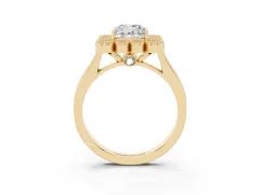 Cushion Cut Diamond Cluster Halo Ring Set in Yellow gold with Milgrain Bezel Accents and Plain Band