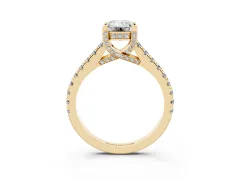 Emerald Cut Diamond Solitaire Ring Set in Yellow gold with Brilliant Pavé Band and Prong Setting
