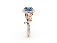 Fancy Blue Asscher Cut Diamond Halo Ring Set in Rose gold with Leaf Motif Split Shank and Prong Setting