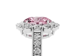 Fancy Pink Oval Cut Diamond Halo Pavé Engagement Ring Set in White gold with Milgrain Detailing