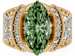 Fancy Green Marquise Cut Diamond Milgrain Halo Pavé Engagement Ring Set in Yellow gold with Prong Setting