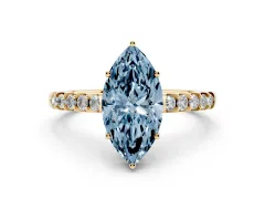 Fancy Blue Marquise Cut Diamond Solitaire Engagement Ring Set in Yellow gold with Pavé Band and Prong Setting