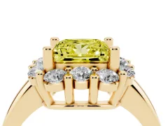 Fancy Yellow Princess Cut Diamond Halo Cluster Engagement Ring Set in Yellow gold with Polished Band and Prong Setting