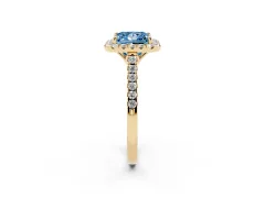 Fancy Blue Princess Cut Diamond Pavé Halo Engagement Ring Set in Yellow gold with Pavé Band and Prong Setting