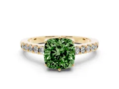 Fancy Green Cushion Cut Diamond Solitaire Engagement Ring Set in Yellow gold with Pavé Band and Prong Setting
