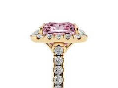 Fancy Pink Princess Cut Diamond Pavé Halo Engagement Ring Set in Yellow gold with Pavé Band and Prong Setting