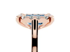 Fancy Blue Emerald Cut Diamond Cluster Halo Solitaire Ring Set in Rose gold with Prong Setting