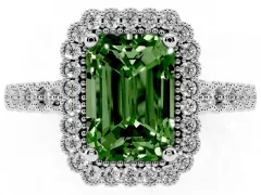 Fancy Green Radiant Cut Diamond Halo Ring Set in White gold with Pavé Milgrain Band