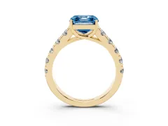 Fancy Blue Asscher Cut Diamond Solitaire Ring Set in Yellow gold with Cut-Down Micro Pavé Band and Prong Setting