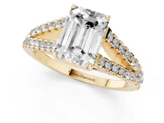 Emerald Cut Diamond Split Shank Pavé Engagement Ring Set in Yellow gold with Prong-Held Center Stone