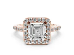 Asscher Cut Diamond Halo Engagement Ring Set in Rose gold with Round Pavé Shoulders and Heart Gallery