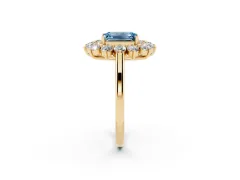 Fancy Blue Emerald Cut Diamond Floral Double Halo Ring Set in Yellow gold with Round Petals