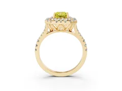 Fancy Yellow Radiant Cut Diamond Double Halo Ring Set in Yellow gold with Pavé Split Shank and Prong Setting