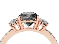Fancy Black Cushion Cut Diamond Three-Stone Ring Set in Rose gold with Pavé Band and Graduated Sides
