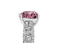 Fancy Pink Heart Cut Diamond Pavé Band Solitaire Ring Set in Silver with Close-Set Accent Stones and Prong Setting
