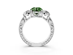 Fancy Green Round Cut Diamond Three-Stone Engagement Ring Set in White gold with Milgrain Pavé Band