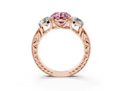 Fancy Pink Round Cut Diamond Three-Stone Engagement Ring Set in Rose gold with Milgrain Pavé Band