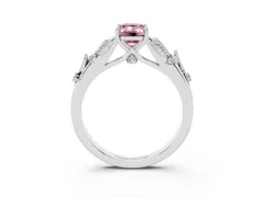 Fancy Pink Emerald Cut Diamond Solitaire Ring Set in Platinum with Leaf Motif Band