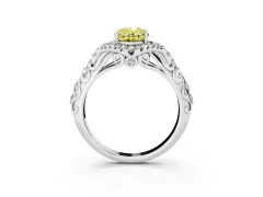 Fancy Yellow Oval Cut Diamond Solitaire Ring Set in White gold with Hidden Halo and Pavé Band