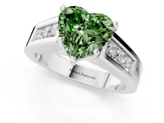 Fancy Green Heart Cut Diamond Solitaire Ring Set in Platinum with Channel-Set Accent Stones and Prong Setting