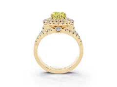 Fancy Yellow Oval Cut Diamond Double Halo Ring Set in Yellow gold with Round Pavé Split Shank