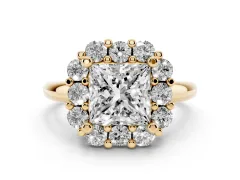 Princess Cut Diamond Halo Cluster Engagement Ring Set in Yellow gold with Polished Band and Prong Setting