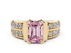 Fancy Pink Emerald Cut Diamond Wide Channel Set Band Ring Set in Yellow gold with Bezel Setting
