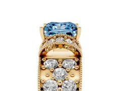 Fancy Blue Princess Cut Diamond Milgrain Halo Pavé Engagement Ring Set in Yellow gold with Prong Setting