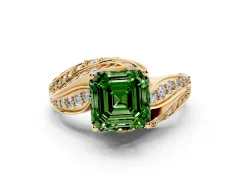 Fancy Green Asscher Cut Diamond Solitaire Ring Set in Yellow gold with Layered Twist Pavé Band